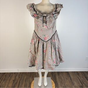 Vintage 80s Style Cottagecore Prairie Dress Floral Striped Ruffle Neck Plus Size